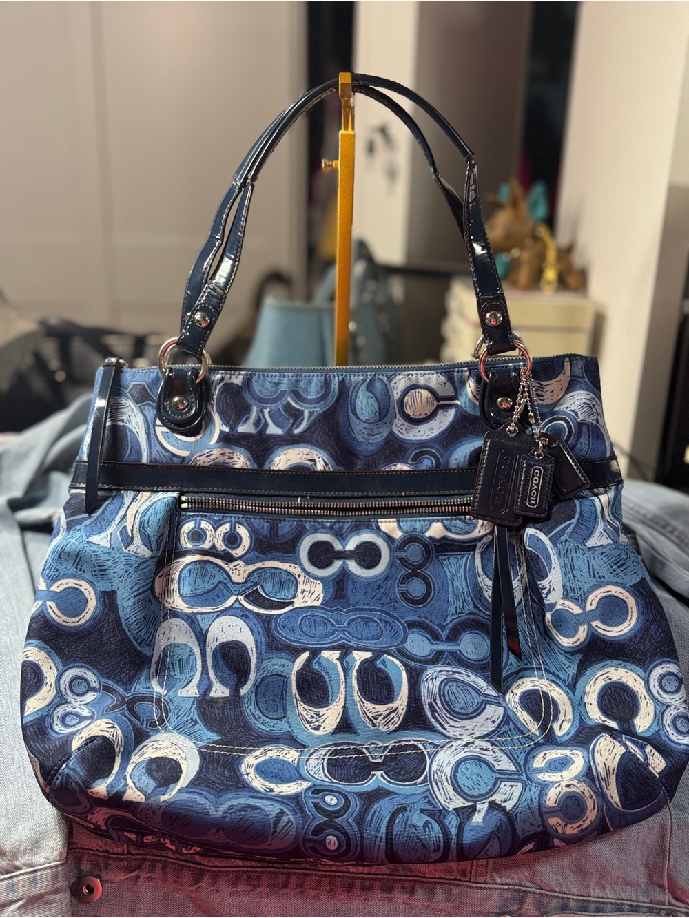 Coach Navy poppy Glam tote denim like signature c print damage straps